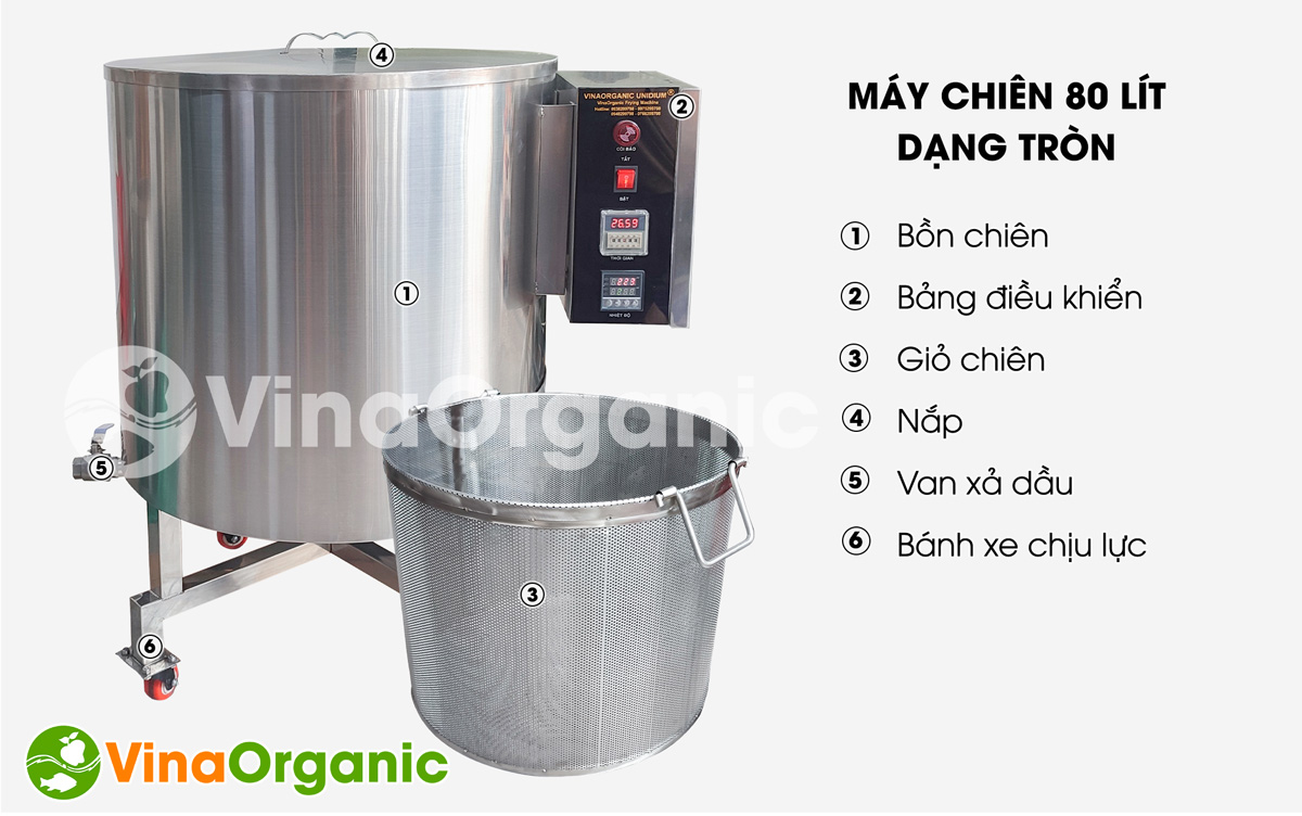 VinaOrganic giới thiệu máy chiên 80L, chiên hành phi, chiên gạo lứt, máy chần, máy luộc, inox 304, tiết kiệm điện. Hotline 0938299798 - 0975299798