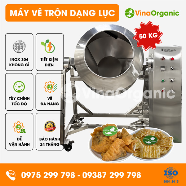 MVTL50 -  Máy vê trộn dạng lục 50kg, máy trộn snack, da cá basa
