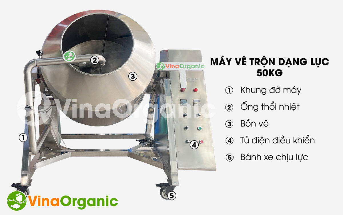 Máy vê trộn dạng lục 50Kg, Model MVTL50 VinaOrganic máy trộn snack, da cá basa. Liên hệ Hotline/Zalo 0938299798 – 0975299798 để được tư vấn và báo giá!