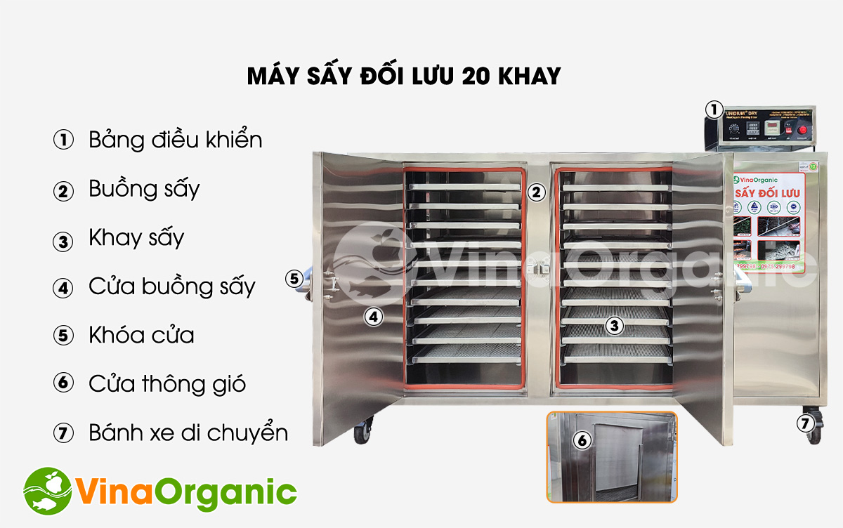 Máy sấy đối lưu 20 khay MS2048 của VinaOrganic, sấy được nhiều loại sản phẩm như: hoa quả, thủy sản, cốm gạo.... Hotline/Zalo 0938.299.798 - 0975.299.798