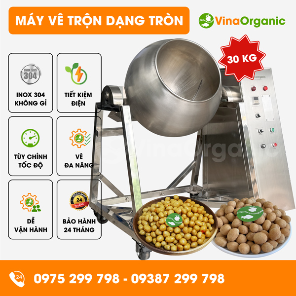 MVTT30 - Máy vê trộn dạng tròn 30kg, vê đậu phộng da cá tỏi ớt, đậu phộng da cá cốt dừa