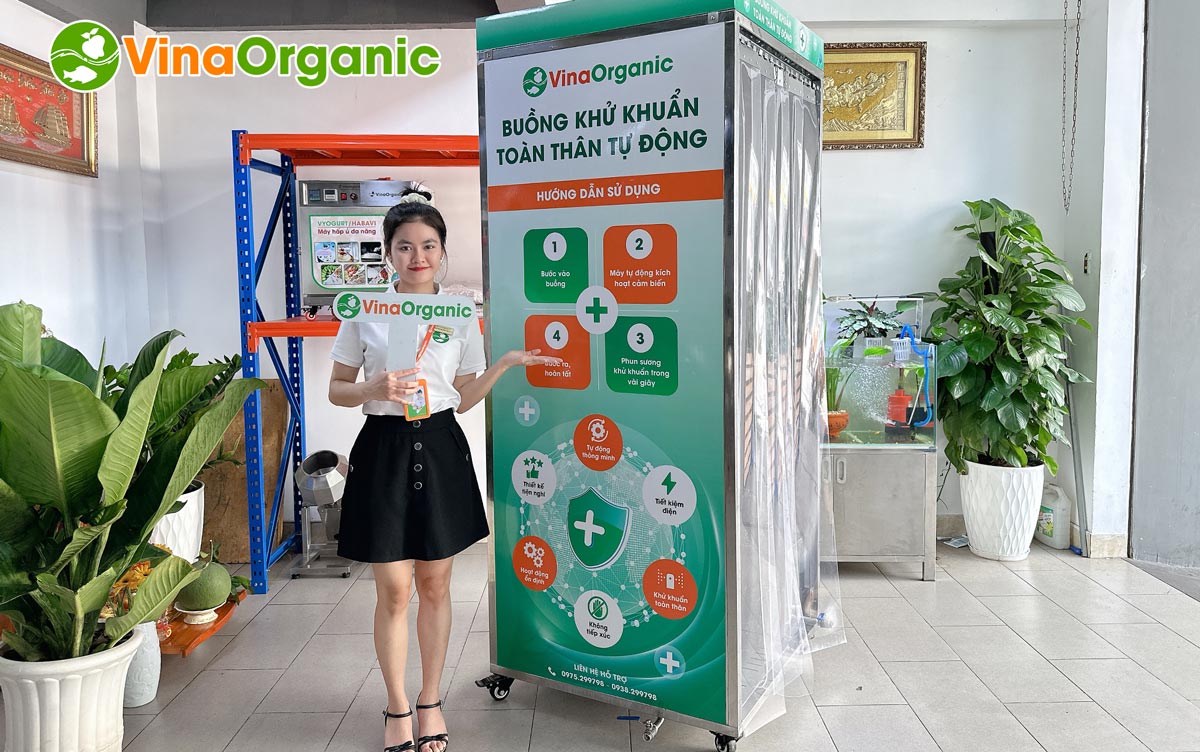 VinaOrganic giới thiệu Buồng khử khuẩn toàn thân tự động, di động sử dụng muối ion (anolyte) để khử khuẩn dựa trên công nghệ phun sương siêu âm 360.