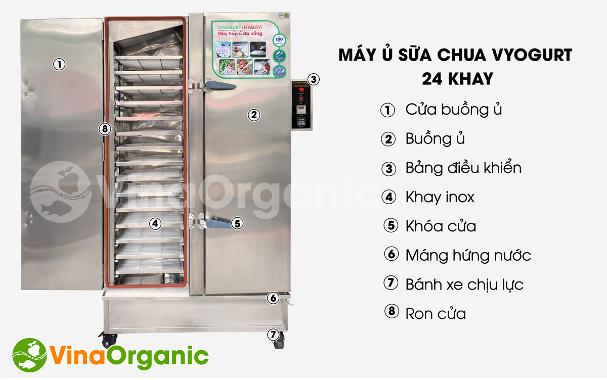 VinaOrganic giới thiệu máy ủ sữa chua 24 khay VYogurt.  Máy được thiết kế với năng suất ủ lớn, 120L/mẻ phù hợp với quy mô sản xuất công nghiệp.