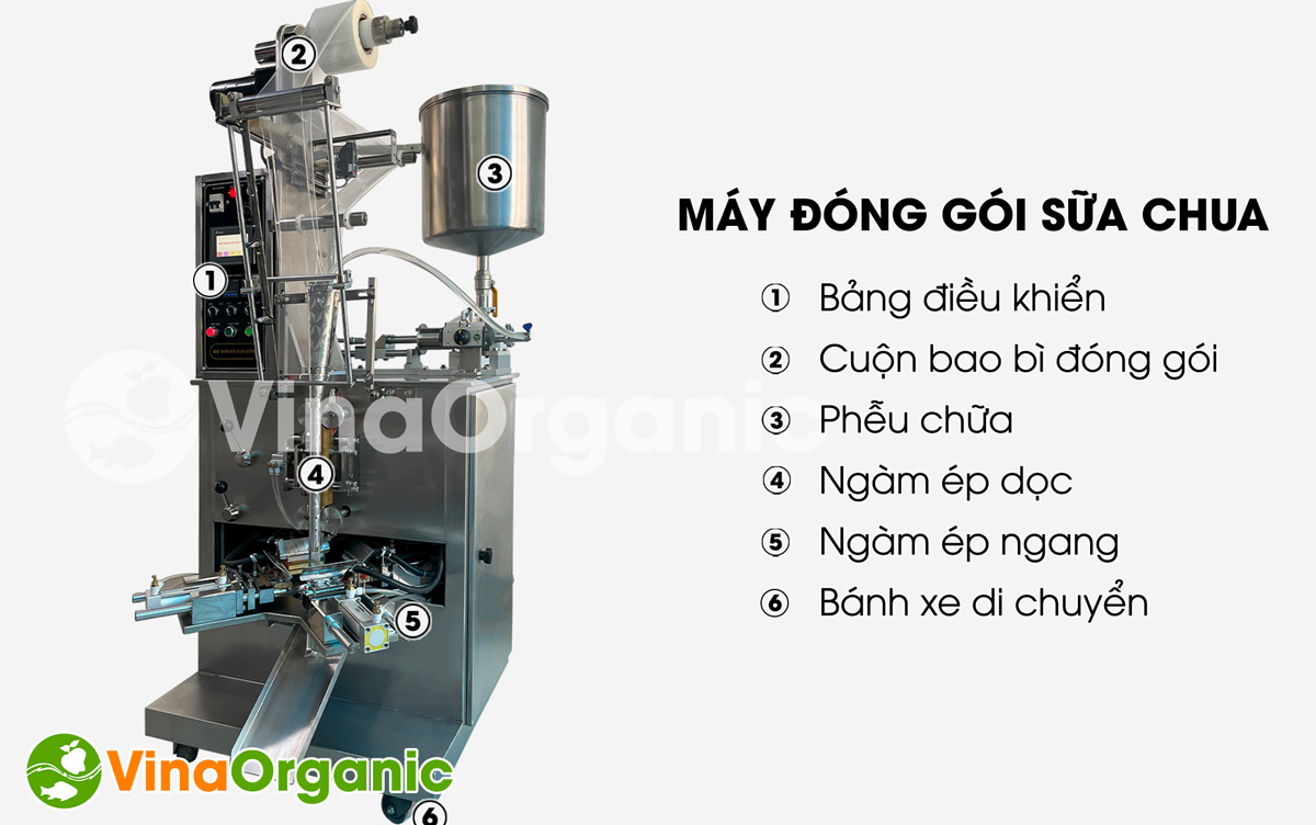 Máy đóng gói sữa chua túi tam giác có phiễu inox 304. Với thiết kế gọn có thể sắp xếp bất cứ đâu trong khu vực sản xuất. Hãy liên hệ 0938299798 - 0975299798