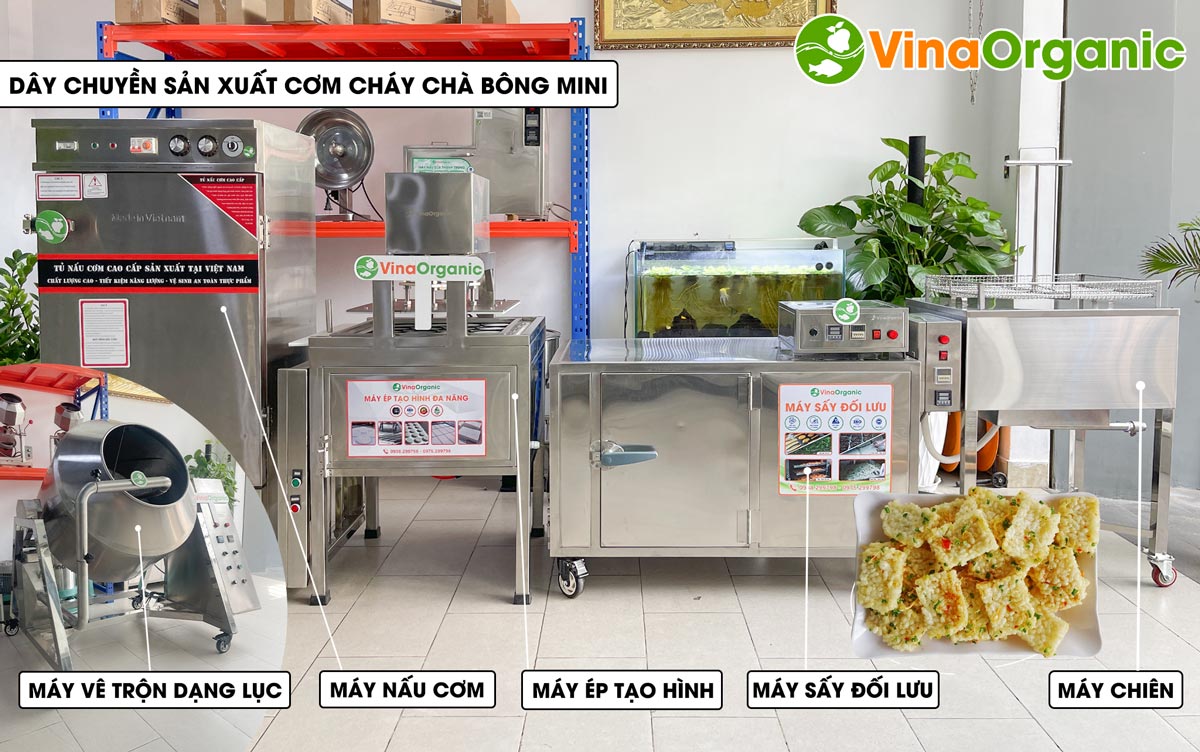 VinaOrganic cung cấp dây chuyền sản xuất cơm cháy chà bông mini, snack cơm cháy thơm ngon, giòn rụm. Hotline 0938299798 - 0975299798