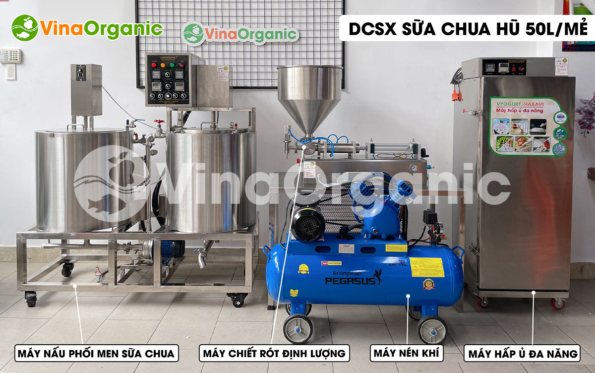 VinaOrganic cung cấp dây chuyển sản xuất sữa chua hũ năng suất 50L/mẻ, inox 304 tại, tiết kiệm điện. Hotline/zalo: 0938299798 - 0975299798