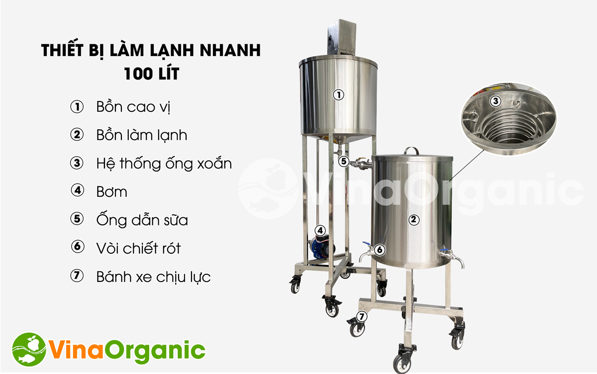 LL100 - Thiết bị làm lạnh nhanh sữa, năng suất công nghiệp, full inox 304, đầu bơm inox 304, làm lạnh nhanh. Hotline/zalo 0938299798 – 0975299798