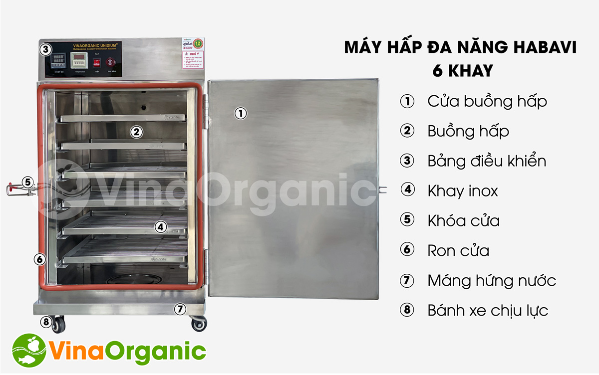 Máy hấp bánh Habavi 6 khay được làm từ vật liệu chính là inox không gỉ SUS 304 sáng bóng, siêu bền, chịu được nhiệt độ cao.