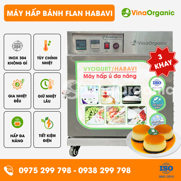 HV003 - Máy hấp bánh flan Habavi 3 khay (40x40cm), hấp 210 hũ/mẻ