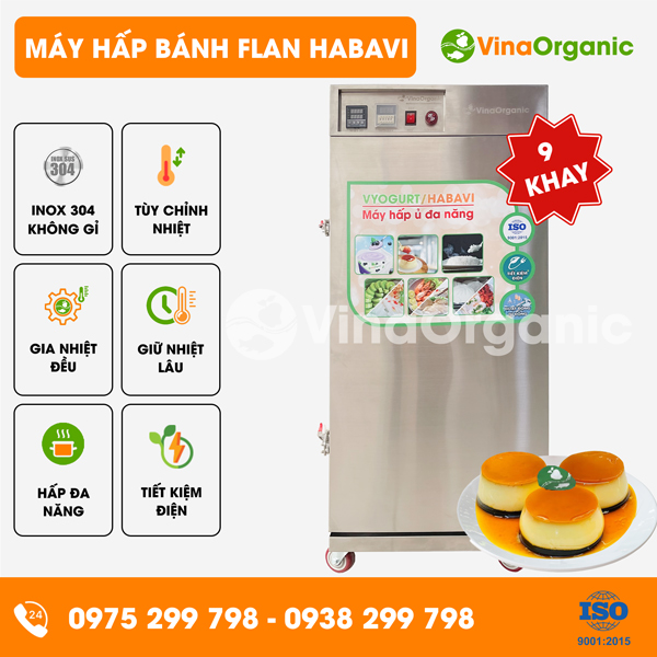 HV009 - Máy hấp bánh flan Habavi 9 khay (40x40cm), hấp 630 hũ/mẻ