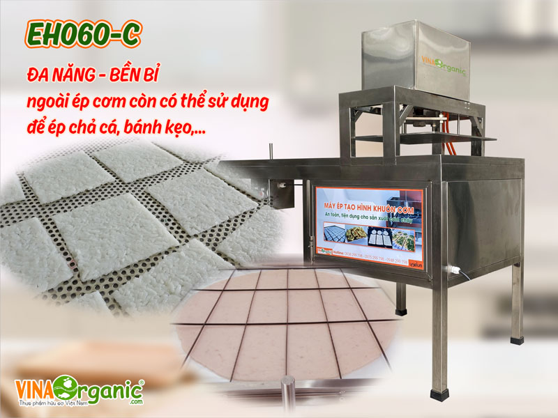 Máy ép cơm cháy EH060-C là máy ép cơm cháy siêu năng suất, tiết kiệm thời gian và công sức trong quá trình sản xuất cơm cháy.