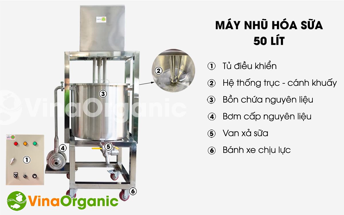 VinaOrganic cung cấp máy nhũ hóa sữa 50L chất lượng cao, full inox 304, tiết kiệm điện. LH Hotline/Zalo: 0938299798 - 0975299798 để được tư vấn!