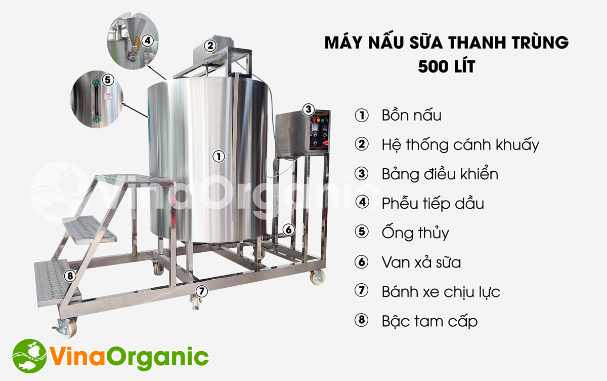 Máy nấu sữa thanh trùng 500L, model B500. Full inox 304, tiết kiệm điện, năng suất cao, và nấu Đà Nẵng các loại sữa. Hotline: 0938299798 - 0975299798