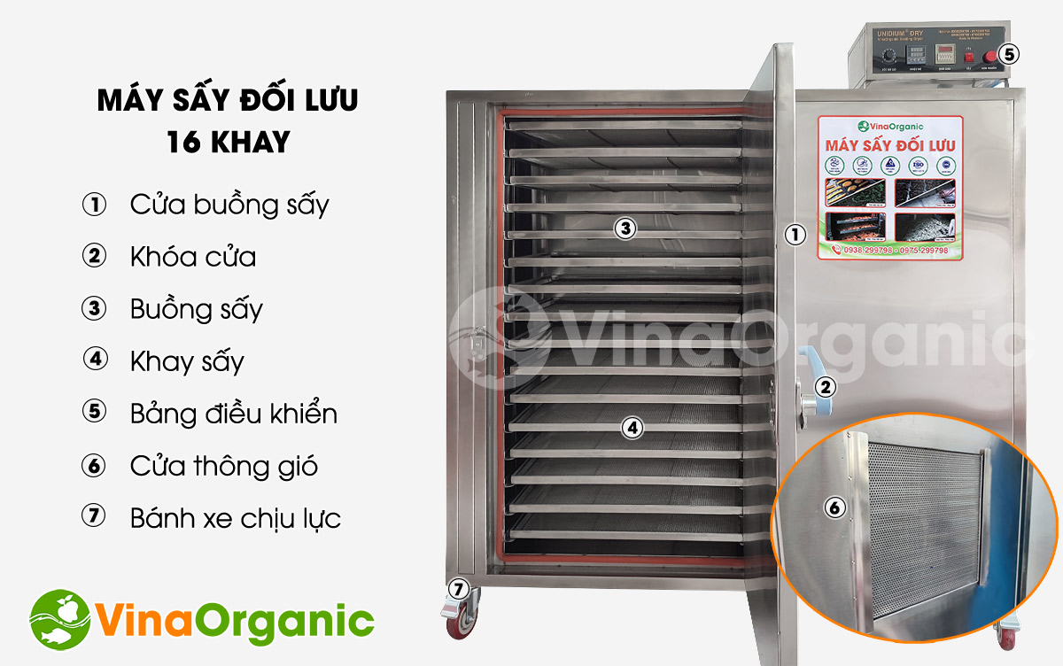 Máy sấy đối lưu 16 khay MS1646 của VinaOrganic, sấy được nhiều sản phẩm như: sấy khô gà, khô bò, hoa quả,... Hotline/Zalo 0938.299.798 - 0975.299.798