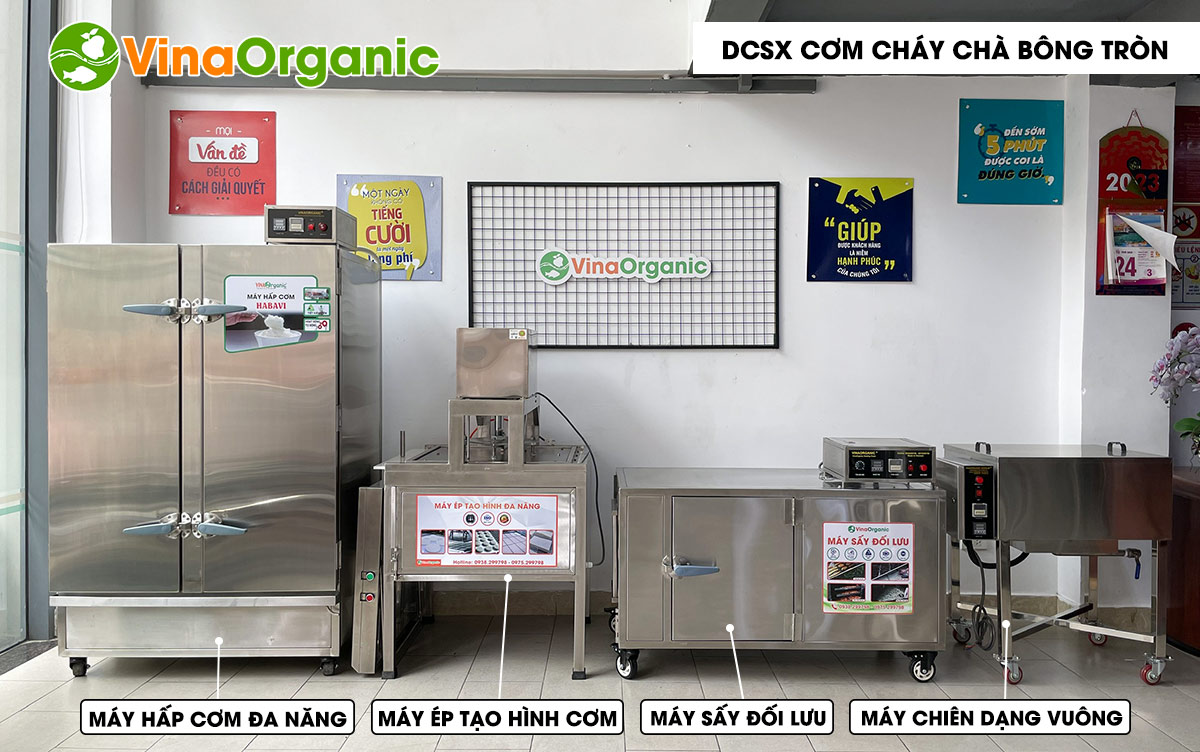 VinaOrganic cung cấp dây chuyền sản xuất cơm cháy chà bông hình tròn thơm ngon, giòn rụm. Hotline 0938299798 - 0975299798