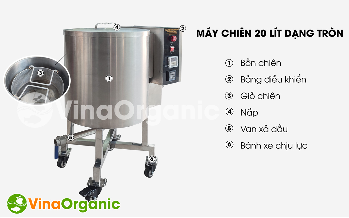 Máy chiên đậu phộng 20L dạng tròn, máy chiên hạt điều. Full inox 304, chiên tất cả các sản phẩm thực phẩm. LH/Zalo: 0938299798 - 0975299798