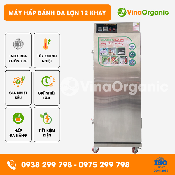HV012 - Máy hấp bánh da lợn 12 khay (40x40cm) năng suất 60L/mẻ