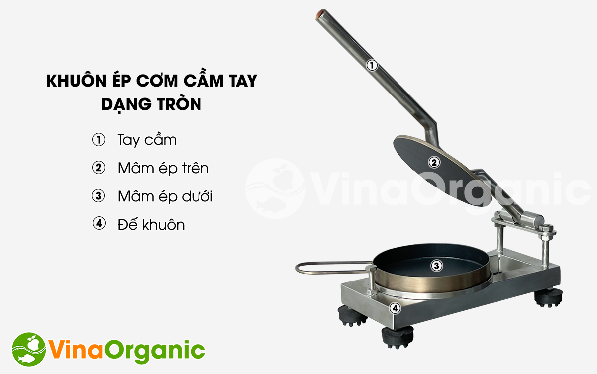 VinaOrganic cung cấp khuôn ép cơm cháy chà bông, khuôn ép cơm cháy dạng tròn, inox 304, phủ chống dính tại TP.HCM. Hotline 0938299798 - 0975299798