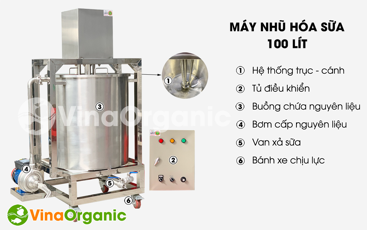VinaOrganic cung cấp máy nhũ hóa sữa 100L, full inox 304, NH100 chất lượng cao, nhũ mịn và đồng nhất sữa. LH Hotline/Zalo: 0938299798 - 0975299798.
