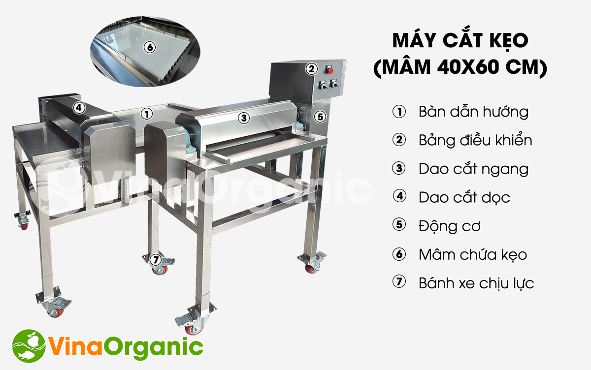 VinaOrganic cung cấp máy cắt kẹo dẻo MCK46-11 (mâm cắt 40x60cm), full inox 304, cắt nhanh, kẹo đẹp, cắt đa năng. Hotline/Zalo: 0938299798 - 0975299798