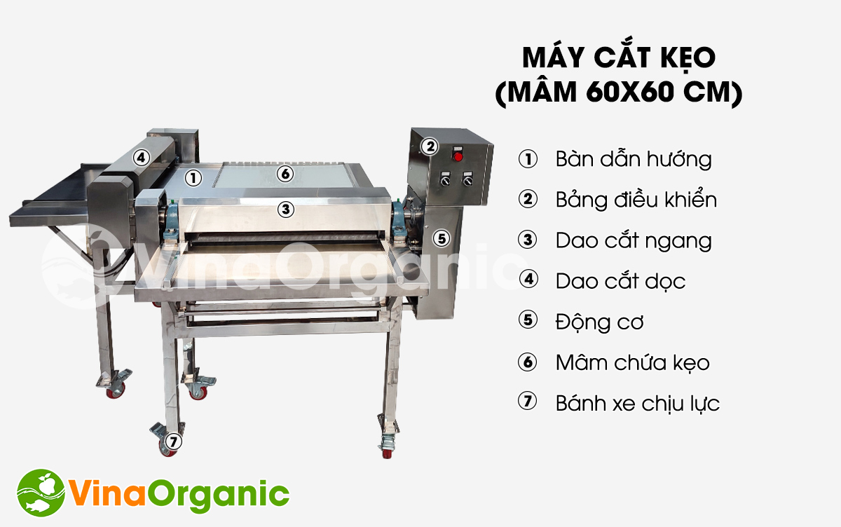 VinaOrganic cung cấp máy cắt kẹo MCK66 (mâm cắt 60x60cm), full inox 304, cắt nhanh, kẹo đều đẹp, cắt đa năng. Hotline/Zalo: 0938299798 - 0975299798