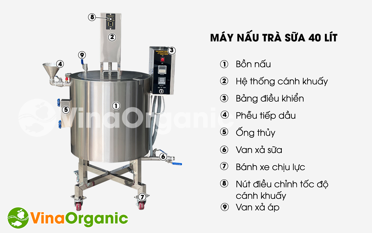 Máy nấu trà sữa 40l, model B040 được làm hoàn toàn từ inox 304, tiết kiệm điện, nấu đa năng trà sữa. Hotline/Zalo: 0938299798 – 0975299798 để được tư vấn!