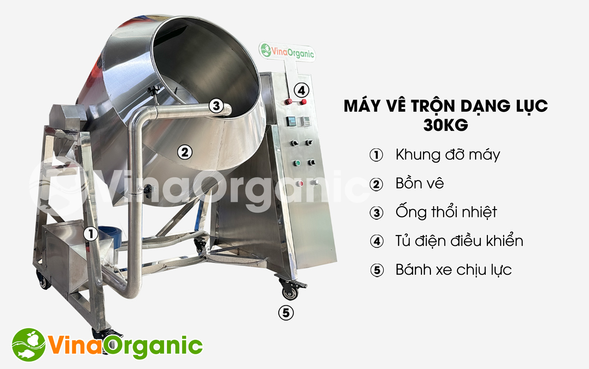 Máy vê trộn dạng lục 30kg, Model MVTL30 VinaOrganic vê hạt điều sữa dừa, trộn gia vị... Liên hệ ngay số Hotline/Zalo 0938299798 – 0975299798 để được tư vấn!