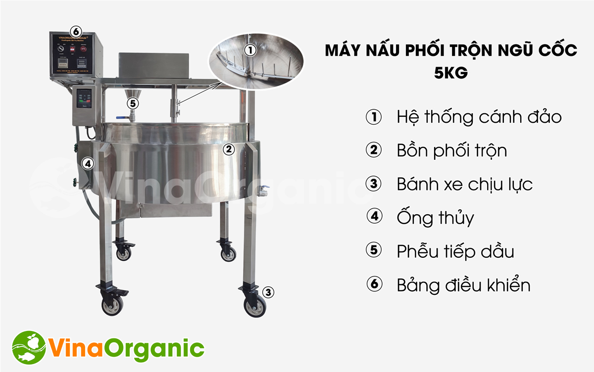 Máy nấu phối trộn 5kg chuyên sản phẩm hạt granola, thanh cốm gạo lứt, năng suất 5kg/mẻ của VinaOrganic. Hotline/Zalo: 0938299798 – 0975299798