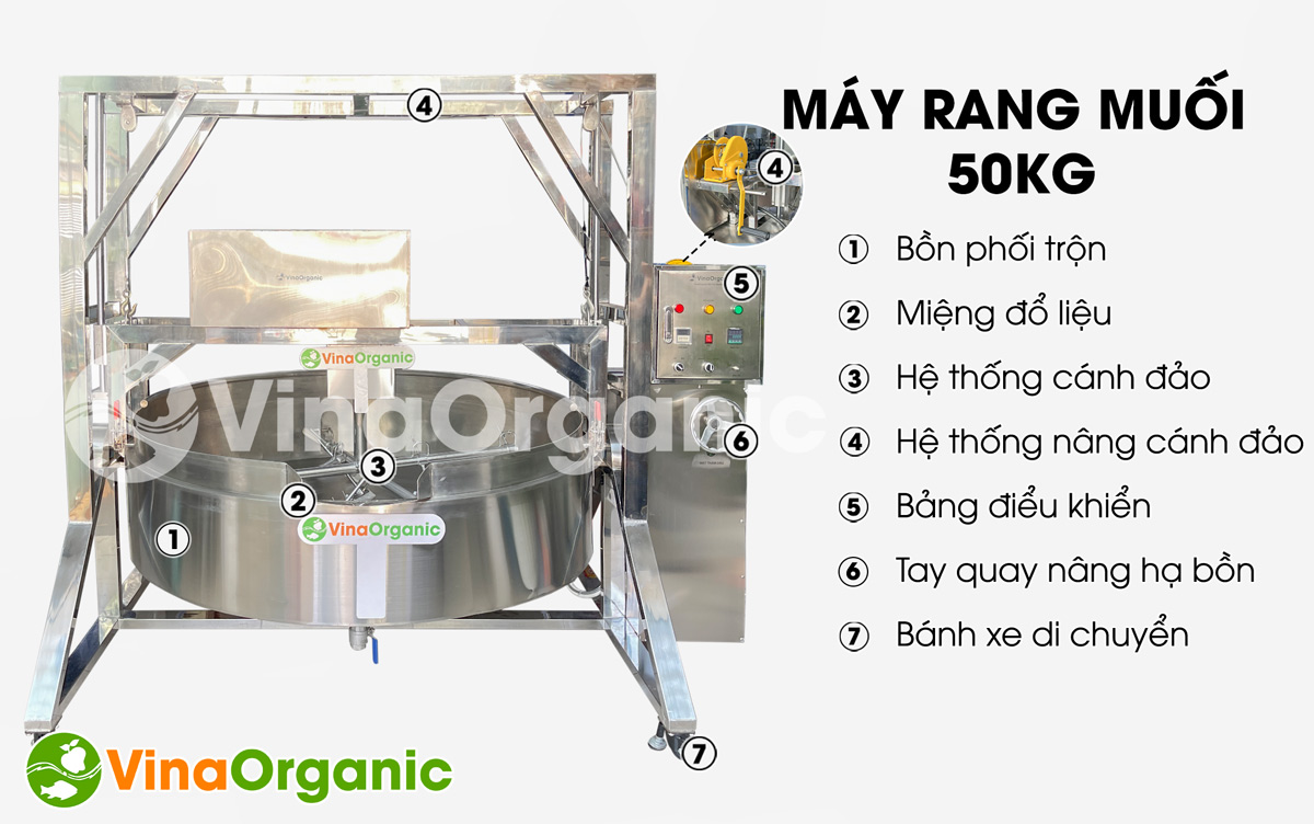MRM050 - Máy rang muối tự đảo 50kg, rang ớt Tây Ninh, muối Ngọc Yến, vật liệu inox 304, hiệu suất cao. Hotline/zalo 0975299798 - 0938299798