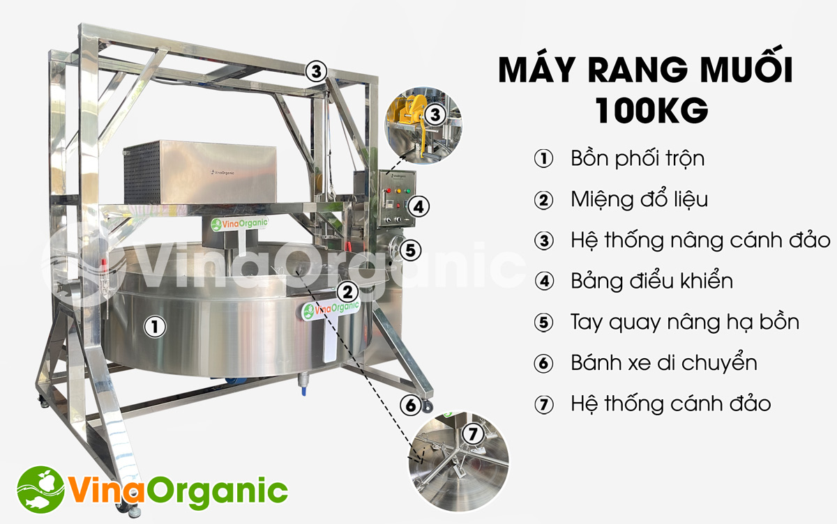 MRM100 - Máy rang muối tự đảo 100kg, rang tôm, muối ớt Tây Ninh, vật liệu inox 304, hiệu suất cao. Hotline/zalo 0975299798 - 0938299798