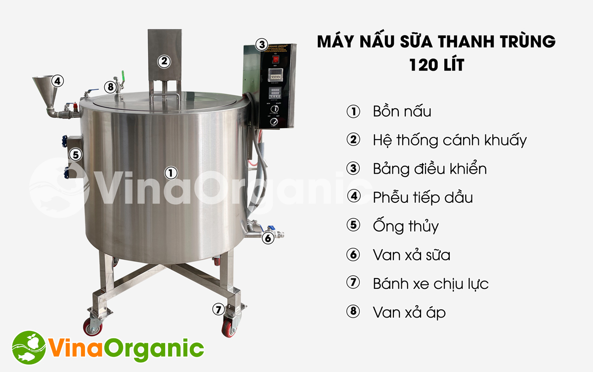 B120 - Máy nấu sữa thanh trùng 120L, nấu sữa động thực vật đa năng, năng suất 120 lít/mẻ, full inox 304. Hotline/Zalo: 0938299798 – 0975299798