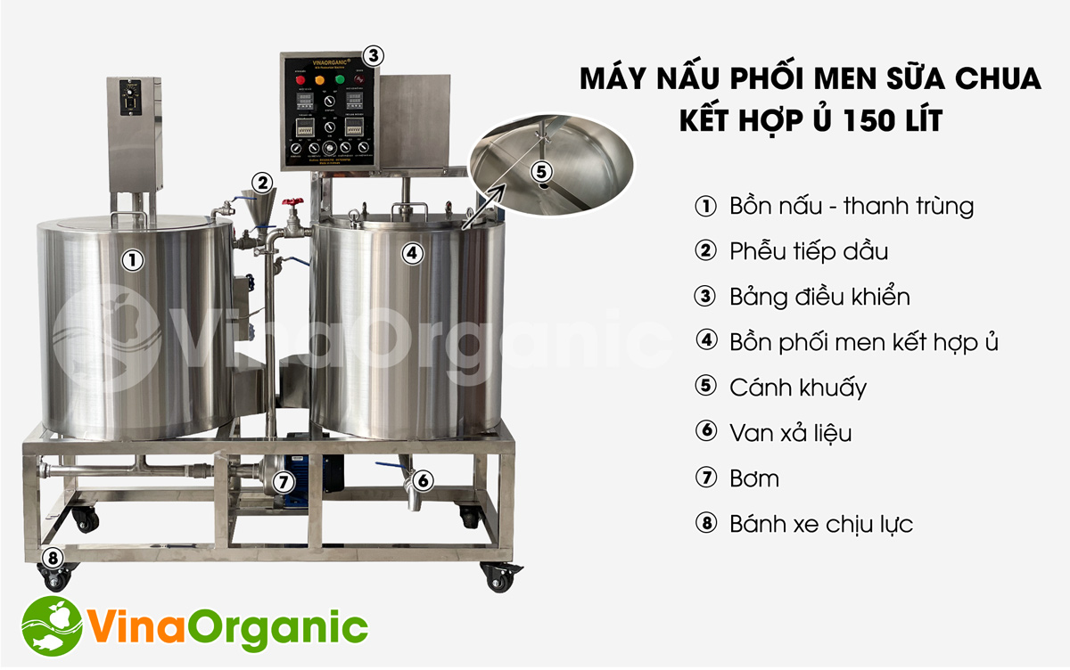 Máy nấu phối men kết hợp sữa chua 150L - Model VYM150U, kết hợp 3 máy trong 1 làm sữa chua uống, full inox304. Liên hệ Hotline/Zalo 0938299798 – 0975299798.