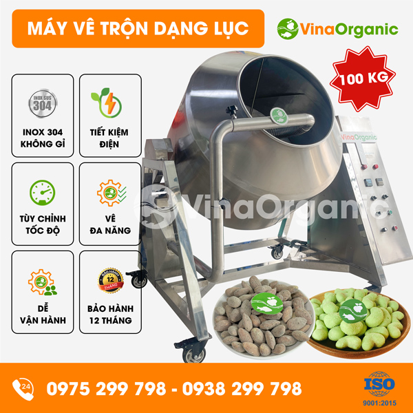 MVTL100 - Máy vê trộn dạng lục 100kg, trộn tẩm gia vị, cốm gạo
