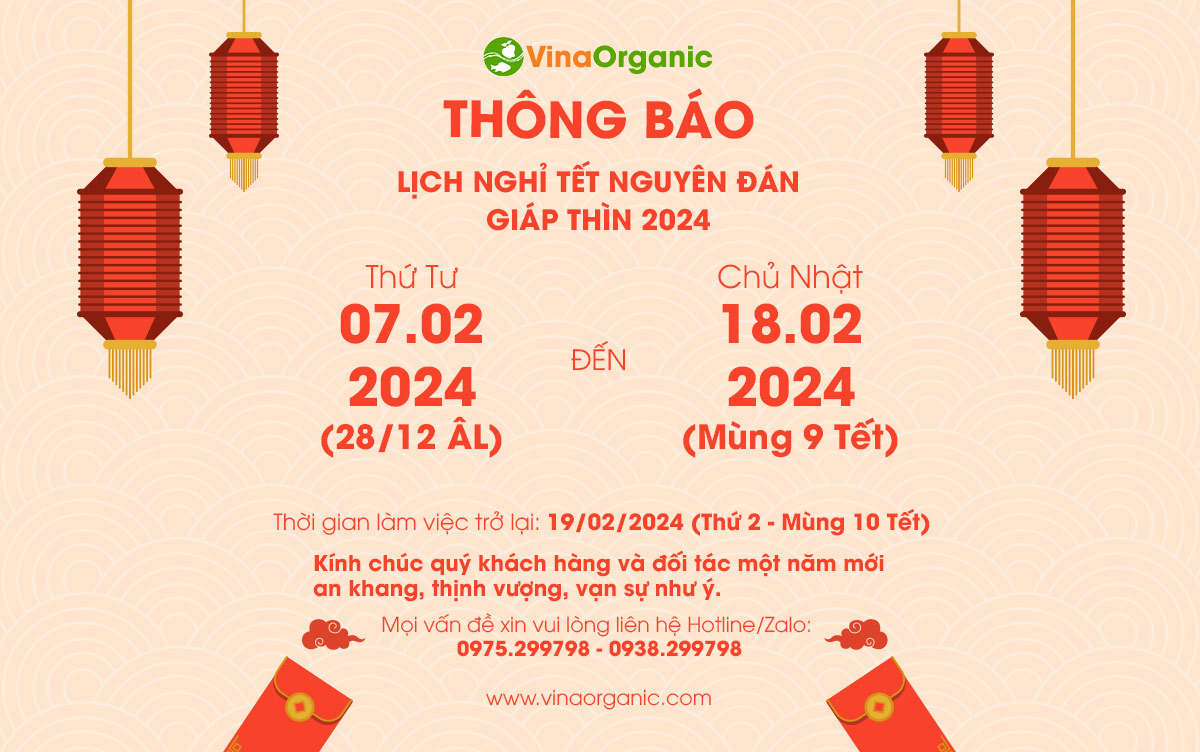 Chuẩn bị bước sang năm mới - VinaOrganic xin thông báo đến Quý anh/chị lịch nghỉ Tết nguyên đán 2024 trong bài viết sau!