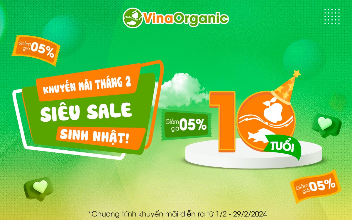 Trong tháng 2, VinaOrganic chơi lớn tung chương trình khuyến mãi cực ưu đãi đến khách hàng. Giảm 5% cho tất cả sản phẩm Máy của VinaOrganic.