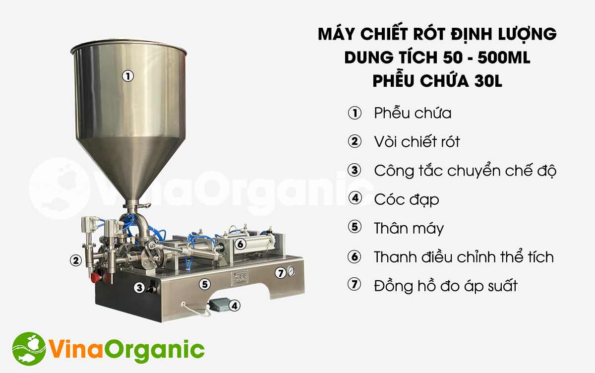 VinaOrganic đã nghiên cứu, chế tạo thành công máy chiết rót định lượng 2 vòi dung tích 100 - 1000ml, phễu chứa 30l. Cùng VinaOrganic tìm hiểu máy này nhé.
