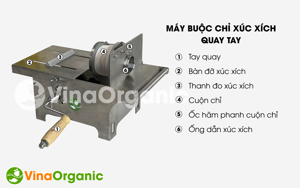 VinaOrganic đã nghiên cứu, chế tạo máy buộc chỉ xúc xích quay tay, buộc chỉ xúc xích, lạp xưởng, lòng dồi. Liên hệ Hotline 0975299798 - 0938299798 ngay.