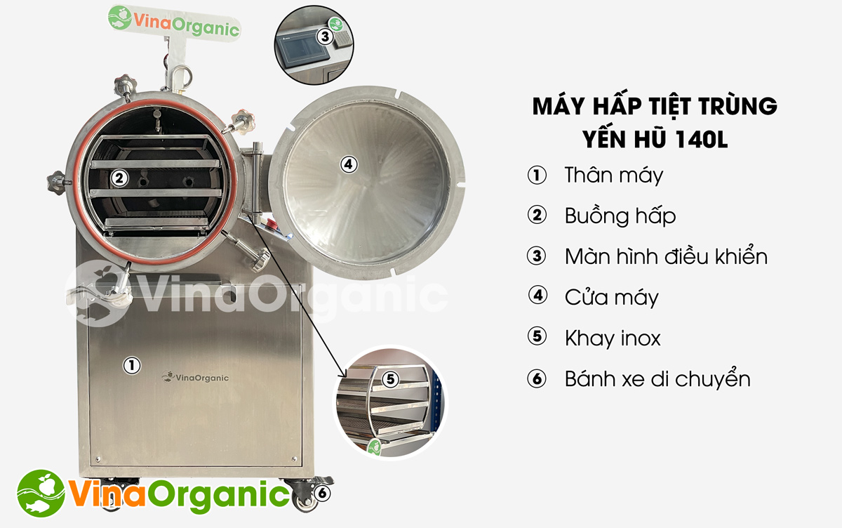 Máy hấp tiệt trùng yến hũ dung tích140l. Inox 304, tiết kiệm điện, màn hình cảm ứng HMI. Liên hệ Hotline 0938299798 - 0975299798.