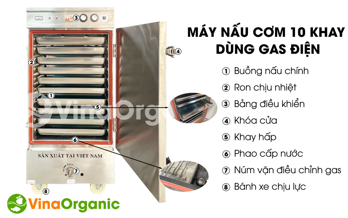 TC010X Máy nấu cơm 10 khay dùng gas điện, nấu cơm gạo lứt, cơm cháy chà bồn năng suất cao. Liên hệ Hotline 0975 299798 – 0938 299798 để được tư vấn!