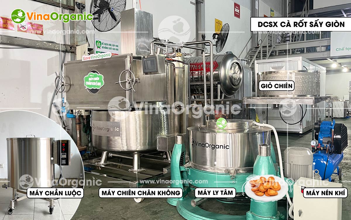 VinaOrganic chuyển giao công nghệ và máy thiết bị chiên chân không, sản xuất cà rốt sấy giòn thơm ngon, hấp dẫn. Liên hệ Hotline 0975299798 - 0938299798.