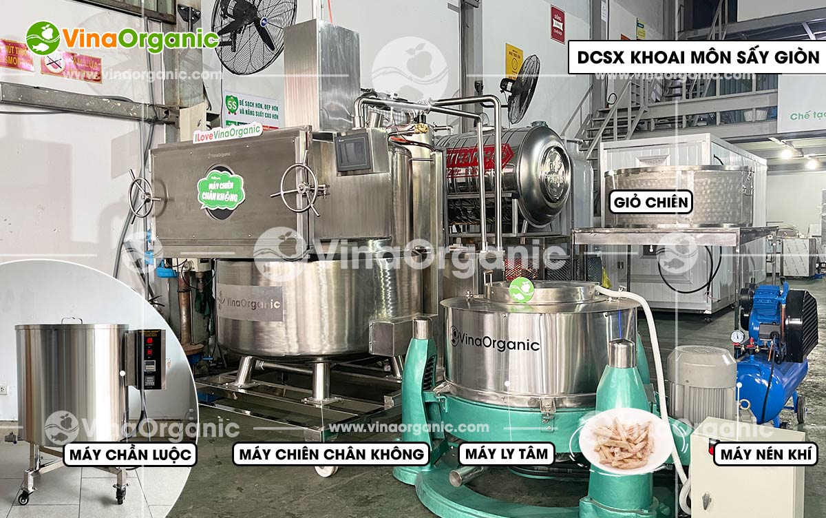 VinaOrganic chuyển giao công nghệ và máy thiết bị chiên chân không, sản xuất khoai môn sấy giòn thơm ngon, hấp dẫn. Liên hệ Hotline 0975299798 - 0938299798.