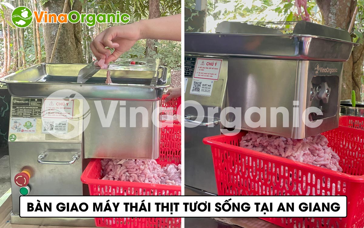 Cấu tạo của máy gồm các bộ phận chính: thân máy, bộ điều khiển, tay cầm, phễu chứa nguyên liệu, dao cắt, khay hứng thịt.