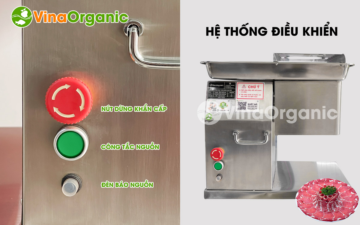 Cấu tạo của máy gồm các bộ phận chính: thân máy, bộ điều khiển, tay cầm, phễu chứa nguyên liệu, dao cắt, khay hứng thịt.