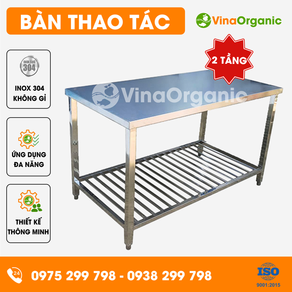 BI2067T - Bàn thao tác 2 tầng có giá nan dưới inox 304 cao cấp
