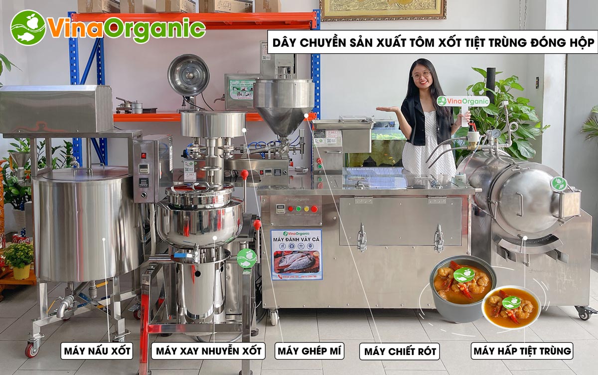 VinaOrganic cung cấp dây chuyền sản xuất tôm xốt tiệt trùng đóng hộp, thời hạn sử dụng lên đến 2 năm. Liên hệ Hotline: 0975299798 - 0938299798