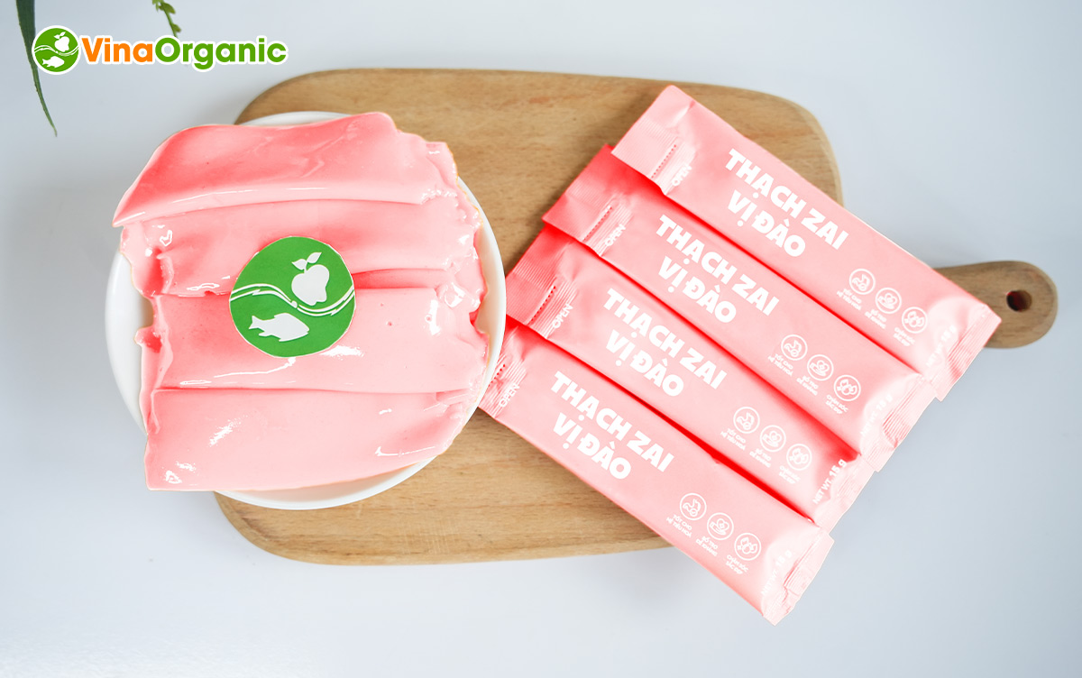 Công nghệ sản xuất Thạch zai vị đào VinaOrganic thơm ngon, chuẩn vị đào dịu nhẹ, màu hồng nhạt đẹp mắt. Liên hệ 0975299798 - 0938299798 ngay!