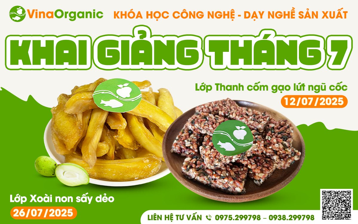 Tháng 7 này, VinaOrganic khai giảng khóa học dạy nghề sản xuất Thanh cốm gạo lứt và Xoài non sấy dẻo, giúp bạn nắm vững quy trình sản xuất