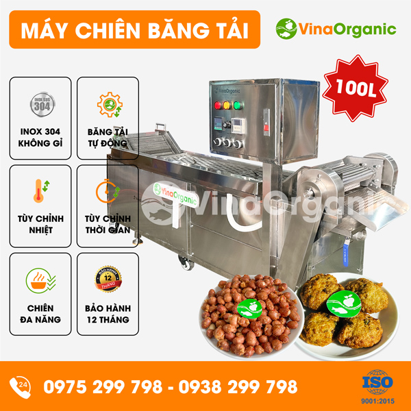 MCBT100 - Máy chiên băng tải 100L, chiên chả lươn, chiên đậu phộng