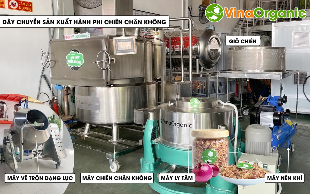 VinaOrganic cung cấp dây chuyền sản xuất hành phi chiên chân không màu sắc vàng sáng, hấp dẫn. Liên hệ Hotline 0975299798 - 0938299798.