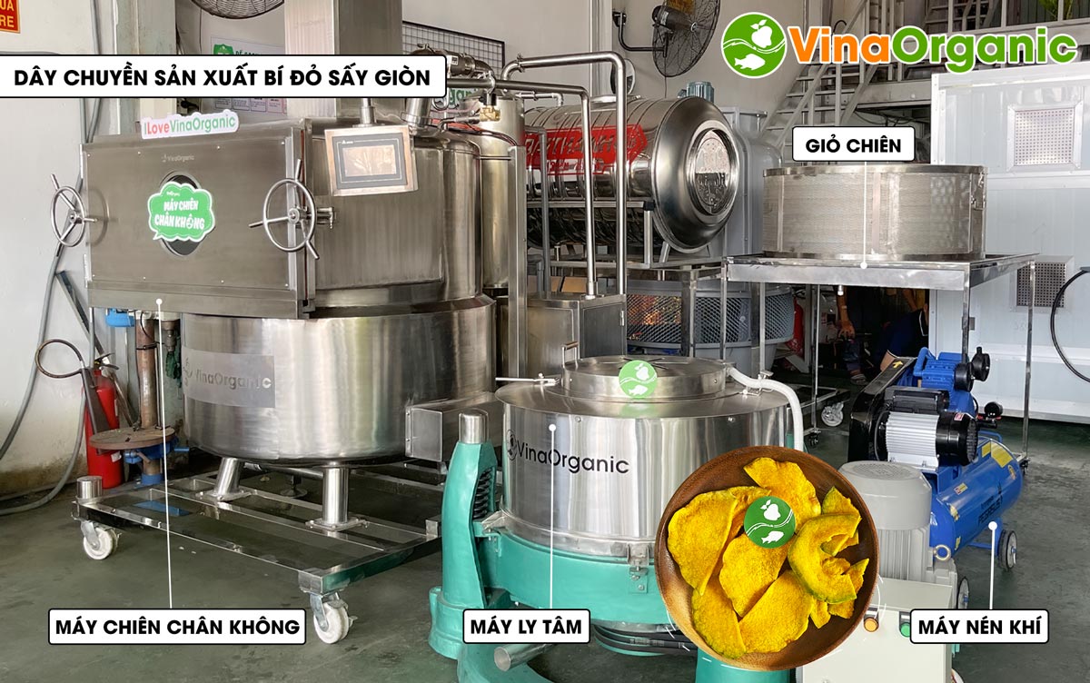 VinaOrganic cung cấp dây chuyền sản xuất Bí đỏ sấy giòn (chiên chân không), inox 304. tiết kiệm chi phí. Hotline/zalo: 0938299798 - 0975299798
